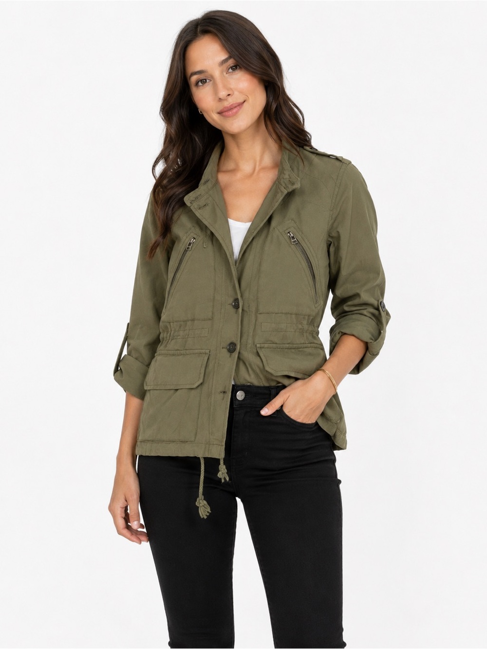 Zara Basic Olive Green Military Utility Jacket Roll Tab Sleeve S